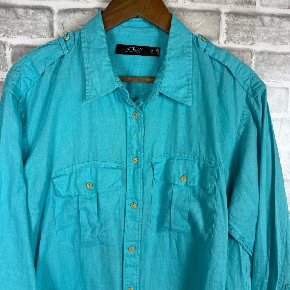 Lauren Ralph Lauren Solid Turquoise 100% Linen Button Down Shirt Epaulettes 1X